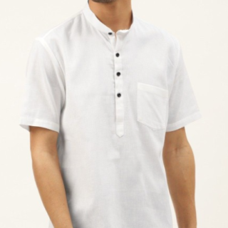 Band Collar Short Sleeves Linen Straight Short Kurta
