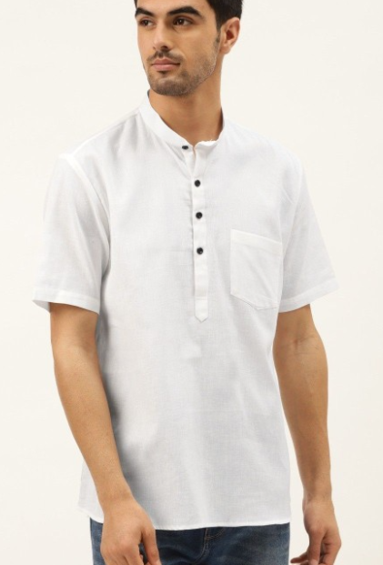Band Collar Short Sleeves Linen Straight Short Kurta