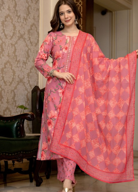 Floral Printed Mirror Work Straight Kurta With Trousers & Dupatta