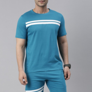Men Teal & White Striped Pure Cotton Night Suit