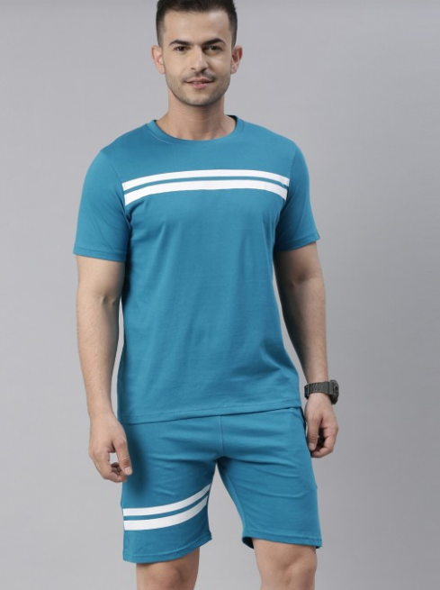 Men Teal & White Striped Pure Cotton Night Suit