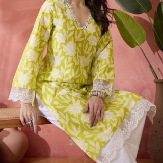 Black Floral Printed V-Neck Thread Work Pure Cotton Straight Kurta