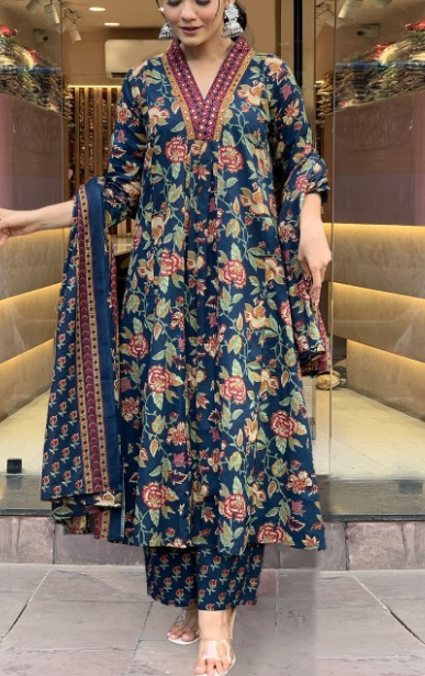 Women Floral Printed V-Neck Anarkali Kurta With Palazzos & Dupatta - Image 2