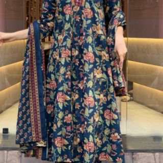 Women Floral Printed V-Neck Anarkali Kurta With Palazzos & Dupatta