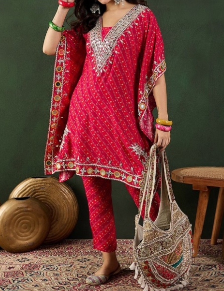 Red Bandhani Printed Regular Mirror Work Kaftan Kurta With Trouser - Image 2