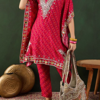 Red Bandhani Printed Regular Mirror Work Kaftan Kurta With Trouser