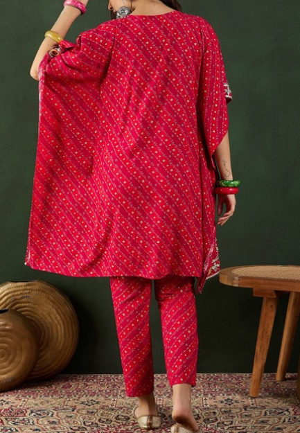 Red Bandhani Printed Regular Mirror Work Kaftan Kurta With Trouser - Image 3