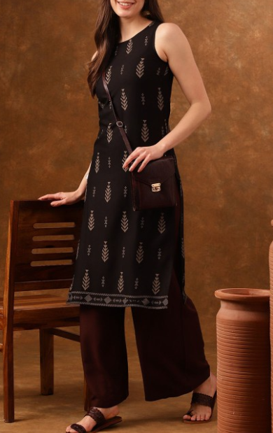 Black Ethnic Motifs Printed Sleeveless Straight Kurta