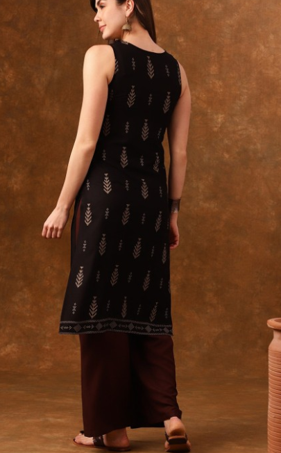 Black Ethnic Motifs Printed Sleeveless Straight Kurta - Image 3