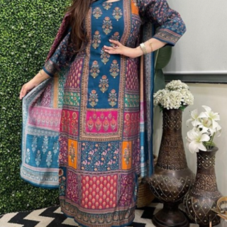 Women Multi Rayon Blend Printed Straight Kurta Set With Dupatta