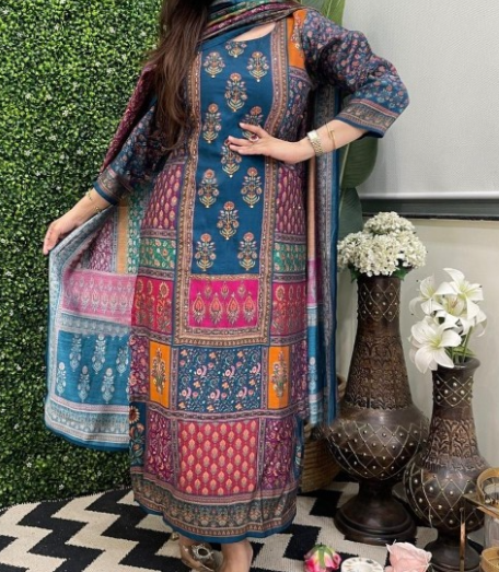 Women Multi Rayon Blend Printed Straight Kurta Set With Dupatta - Image 2
