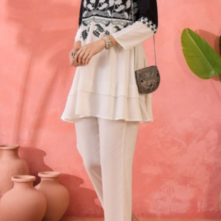 Black Floral Embroidered V-Neck Tunic With Trouser