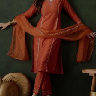 Floral Embroidered Sequinned Straight Kurta & Trouser With Dupatta