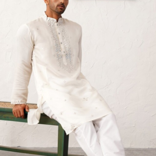Floral Embroidered Mirror Work Mandarin Collar Cotton Silk Straight Kurta