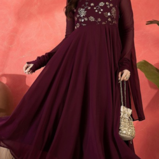 Floral Yoke Design V-Neck Georgette Anarkali Kurta & Trouser With Dupatta