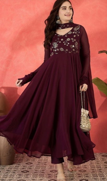 Floral Yoke Design V-Neck Georgette Anarkali Kurta & Trouser With Dupatta - Image 3