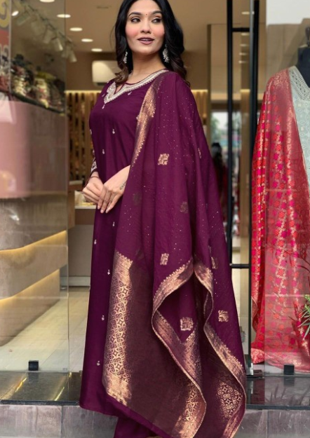 Women Embroidered Straight Kurta With Trousers And Dupatta