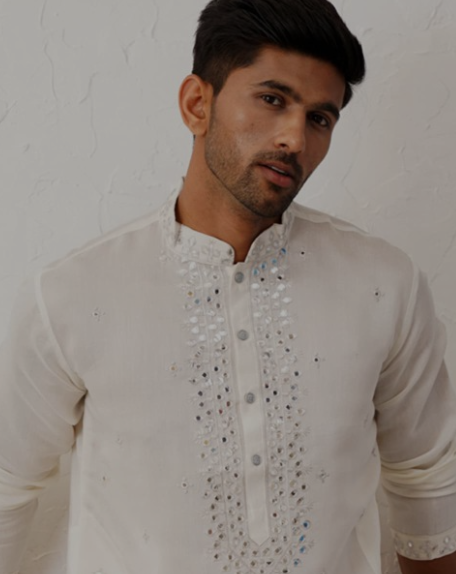 Floral Embroidered Mirror Work Mandarin Collar Cotton Silk Straight Kurta - Image 3