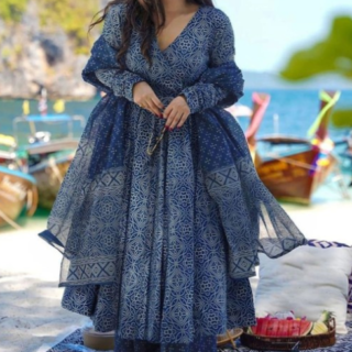 Bandhani Printed V-Neck Angrakha Pure Cotton Kurta With Palazzos And Dupatta