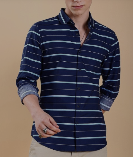 Navy Blue Slim Fit Horizontal Striped Spread Collar Chest Pocket Cotton Shirt - Image 2