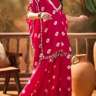 Bandhej Printed Kaftan & Tube Top With Sharara