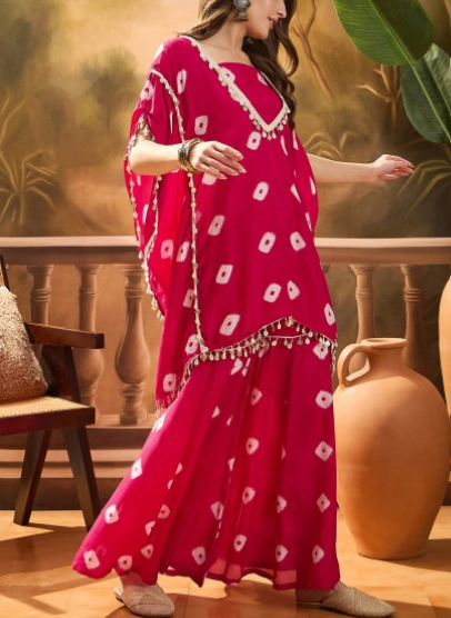 Bandhej Printed Kaftan & Tube Top With Sharara