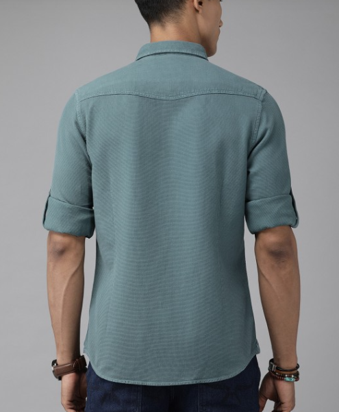 Men Teal Blue Regular Fit Self Design Pure Cotton Casual Shirt - Image 3