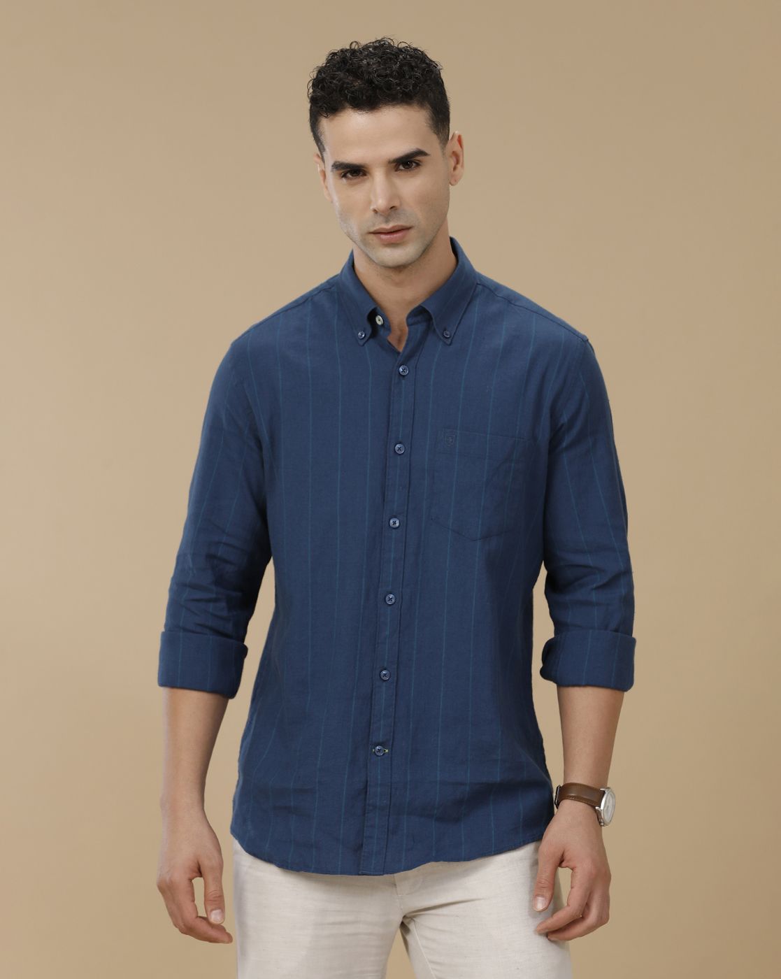 Rich Blue Striped Full Sleeve Casual Shirt - Image 2