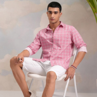 Classic Pink Slim Fit Tartan Checked Spread Collar Cotton Casual Shirt