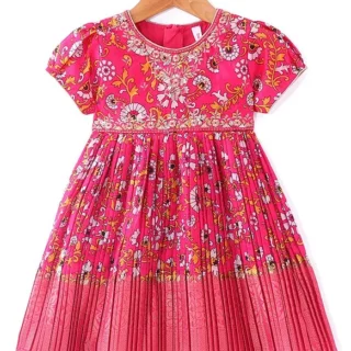 Woven Short Sleeves Floral Printed & Embroidered Pleated Ethnic Dress - Dark Pink
