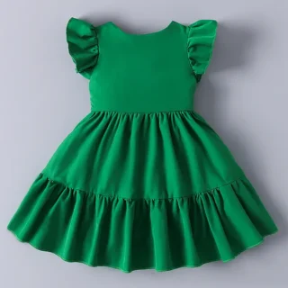 Half Frill Sleeves Solid Frock - Green