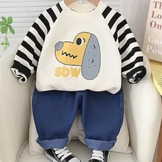 Cotton Full Sleeves Dog Printed & Striped Sweatshirt Joggers Set - White