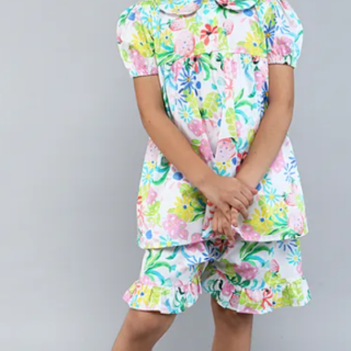 Little Clothing Cotton Woven Half Sleeves Floral Printed Top & Coordinating Shorts Set - Multi Colour