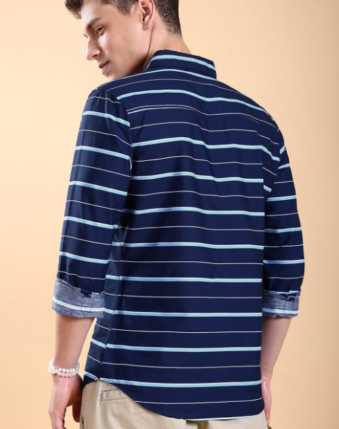 Navy Blue Slim Fit Horizontal Striped Spread Collar Chest Pocket Cotton Shirt - Image 3