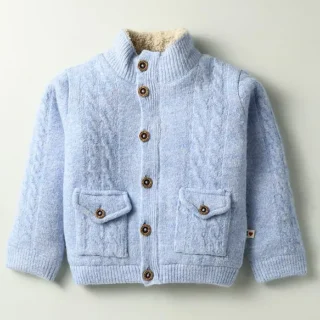 Wool Knitted Full Sleeves Solid Front Open Sweater - Light Blue
