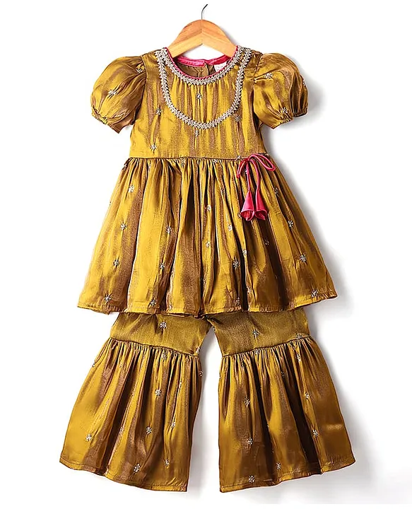 Half Sleeves Kurta Gharara Set With Embroidery Detailing - Golden