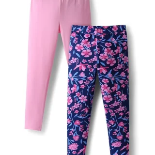 Kids Cotton Knit Full Length Leggings with Floral Print Pack Of 2 - Purple & Pink