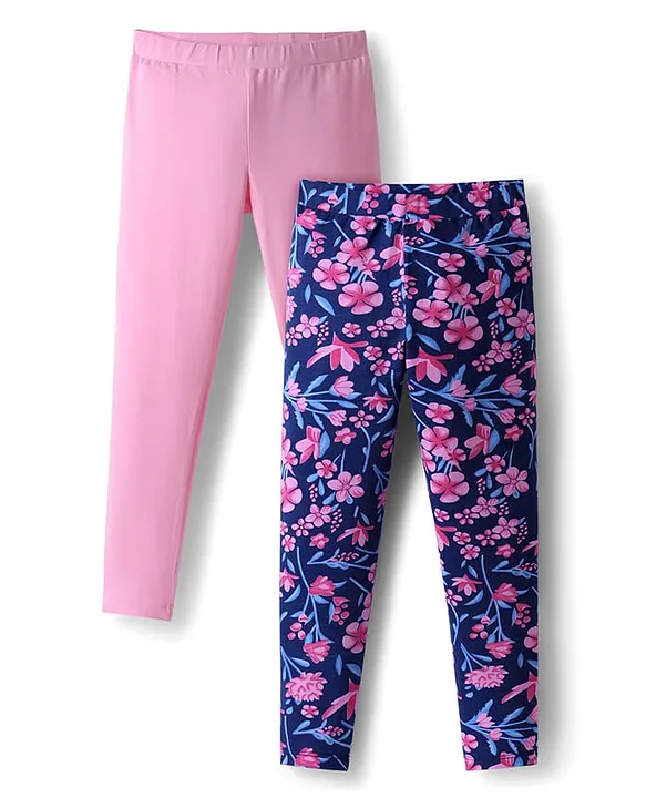 Kids Cotton Knit Full Length Leggings with Floral Print Pack Of 2 - Purple & Pink