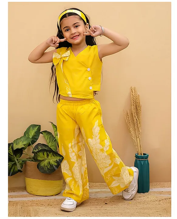 Cotton Sleeveless Floral Printed Waistcoat Style Top & Pant with Headband Set - Yellow