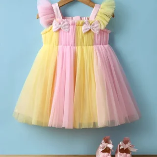 Woven Frill Sleeves Mesh Party Dress with Booties Bow Applique & Sequin Detailing - Yellow