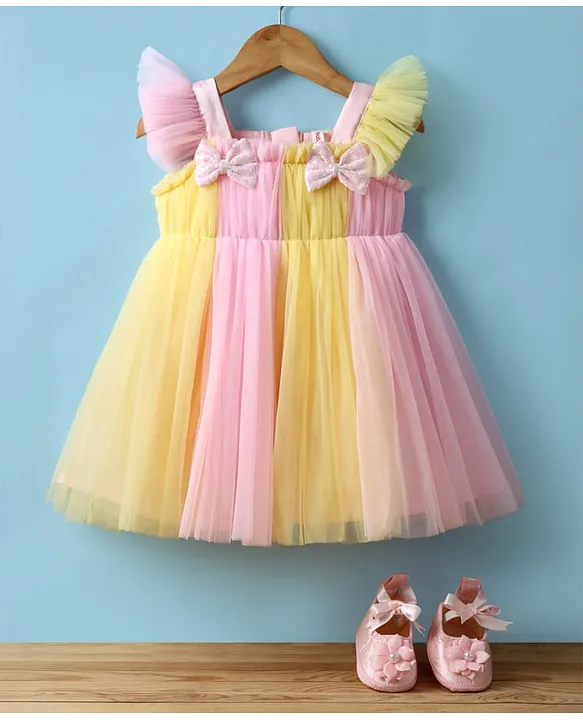Woven Frill Sleeves Mesh Party Dress with Booties Bow Applique & Sequin Detailing - Yellow