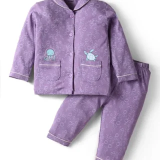 Knit Full Sleeves Co-Ord Night Suit with Octopus Print - Purple