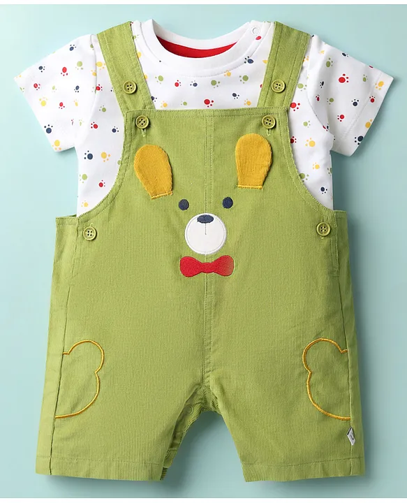 Interlock Knit Bear Embroidered & Applique Detailed Dungaree With Half Sleeves Tee - White & Mint Green - Image 2