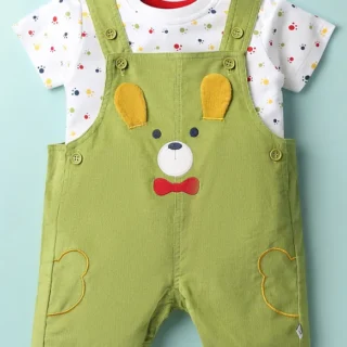 Interlock Knit Bear Embroidered & Applique Detailed Dungaree With Half Sleeves Tee - White & Mint Green