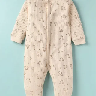 Interlock Knit Full Sleeves Romper with Giraffe Print - Peach