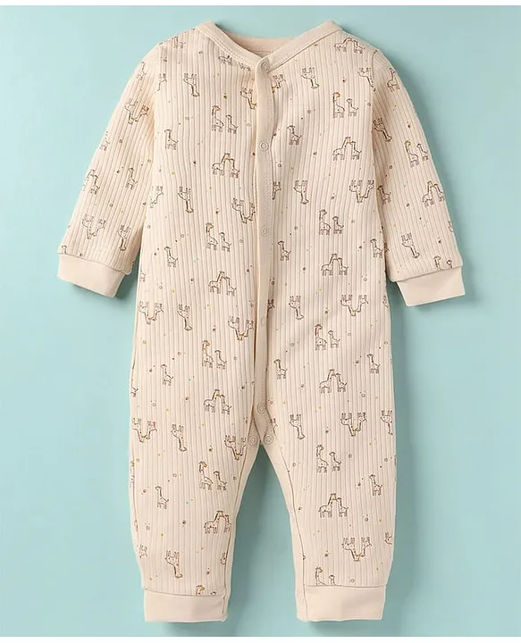 Interlock Knit Full Sleeves Romper with Giraffe Print - Peach