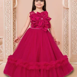 Ministitch Net Woven Sleeveless Floral Applique & Ruffle Detailed Gown - Crimson Red