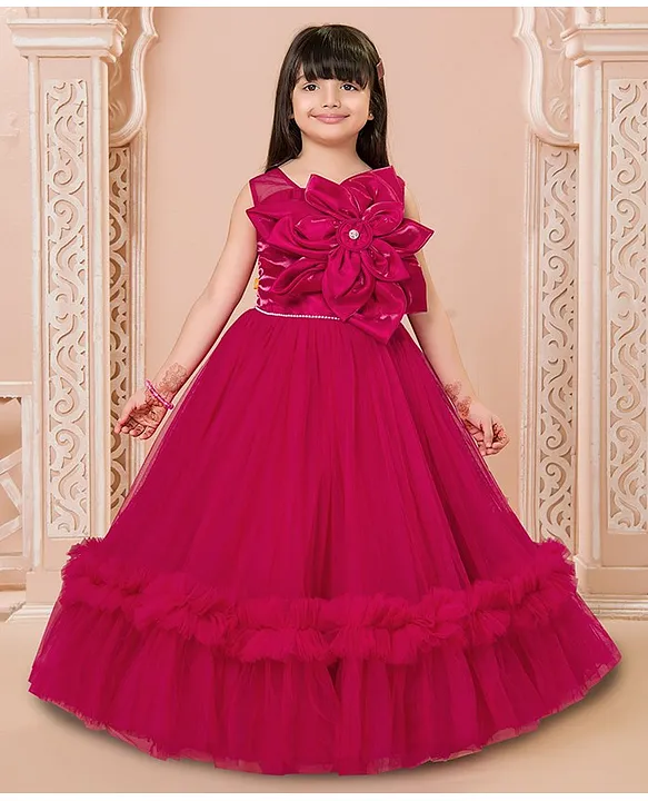 Ministitch Net Woven Sleeveless Floral Applique & Ruffle Detailed Gown - Crimson Red