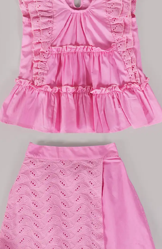 2-Pc Schiffli Cotton Blouse & Skirt