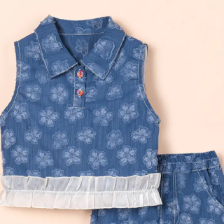 2-Pc Ruffle Embellished Denim Jeans Set